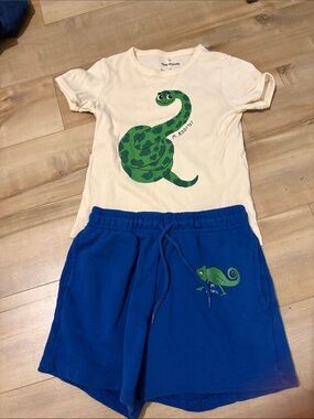 Mini Rodini Cream Tee with Green Snake & Blue Shorts